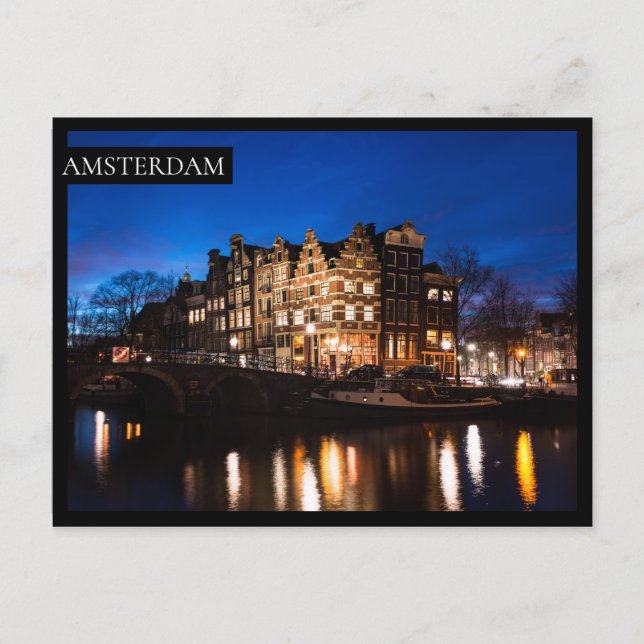 Cartão Postal Manchas de canal de Amsterdã à noite (Frente)