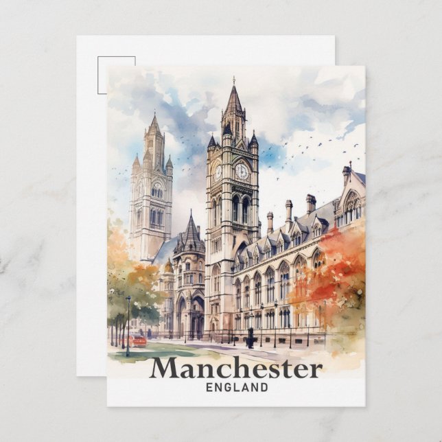 Cartão Postal Manchester England Watercolor Painting Viagem (Frente/Verso)