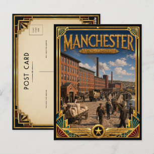 Cartão Postal Manchester New Hampshire Arte Deco Vintage Dourado