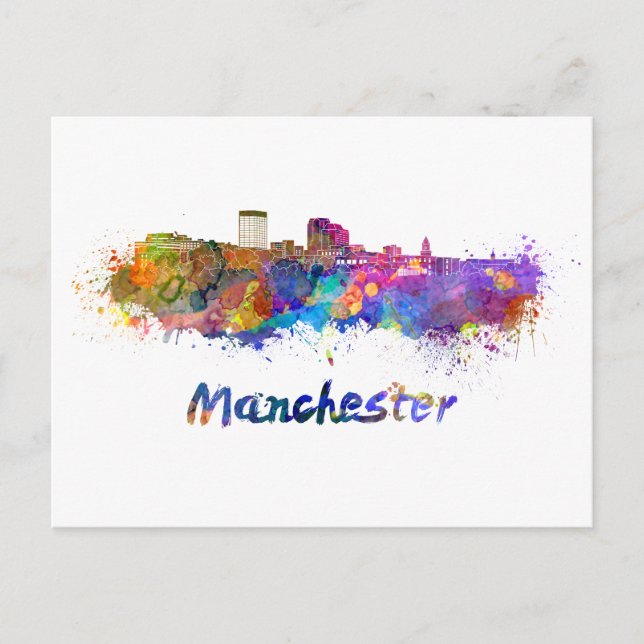 Cartão Postal Manchester NH skyline em aquarela (Frente)