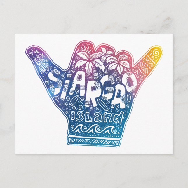 Cartão Postal Manda shaka de surfe na ilha de Siargão (Frente)