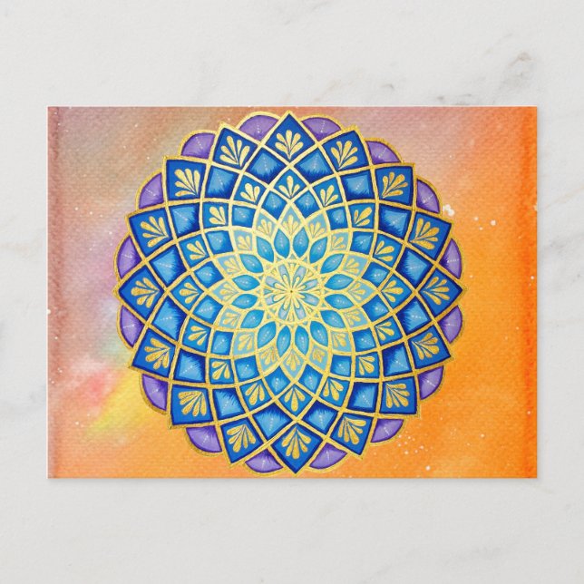 Cartão Postal Mandala Dourada Laranja Cor Azul Púrpura Floral (Frente)