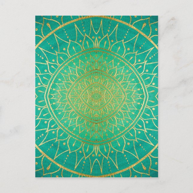 Cartão Postal Mandala Emeral Verde Dourado Colorido (Frente)