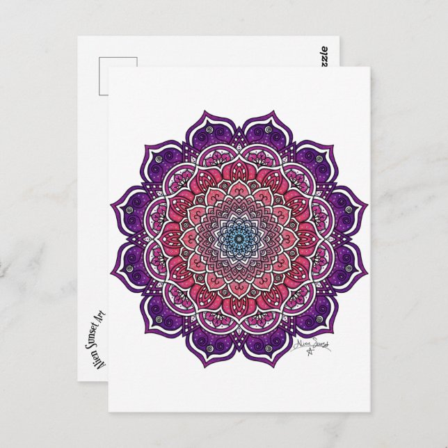 Cartão Postal Mandala Floral Rosa-Roxo (Frente/Verso)