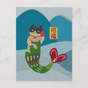 Cartão Postal Manekineko, gato-do-sereia, acenando com o gato