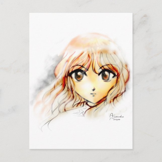 Cartão Postal Manga Anime Girl esboça grandes olhos kawaii fofo (Frente)