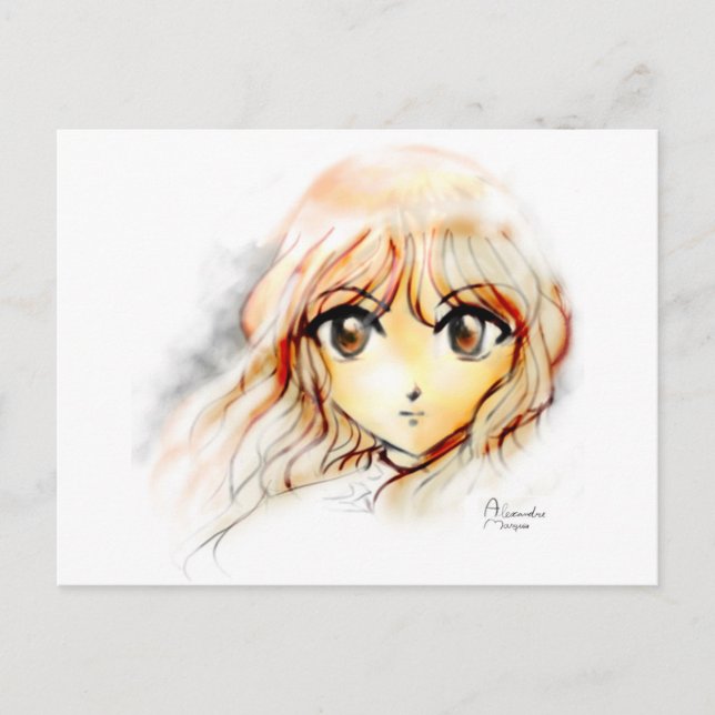 Cartão Postal Manga Anime Girl esboça grandes olhos kawaii fofo (Frente)