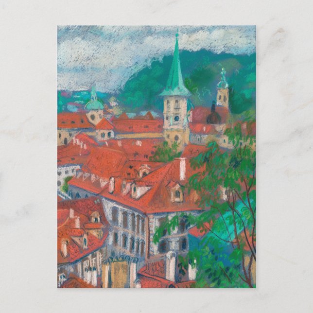 Cartão Postal Manhã em Praga, Pintura de Pastel na Cidade Checa (Frente)