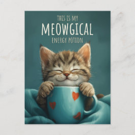 Cartão Postal Manhã Meowgical, um gato bonito e uma arte de café