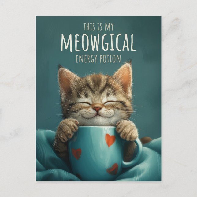 Cartão Postal Manhã Meowgical, um gato bonito e uma arte de café (Frente)