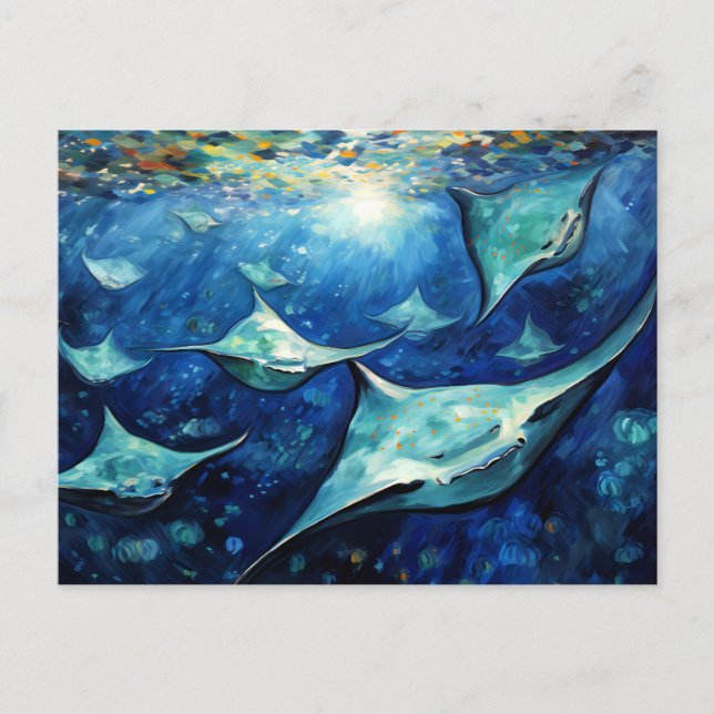 Cartão Postal Manta Rays in Expressive Ocean Oil Painting (Frente)