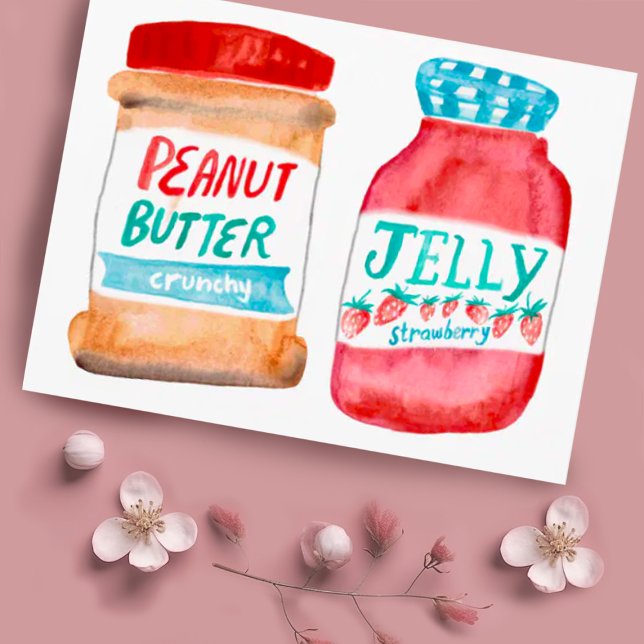 Cartão Postal Manteiga de amendoim e geleia (Cute watercolor peanut butter and jelly jars. Add your own text to this postcard!)