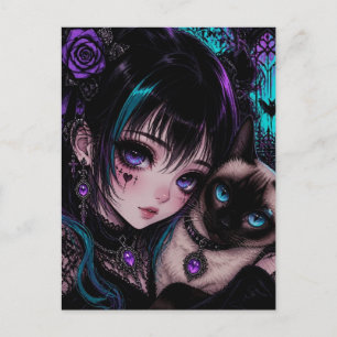 Cartão Postal Mantendo Contato Garota Anime & Gato
