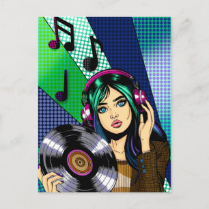 Cartão Postal Mantendo contato   Pop Art Girl with Record