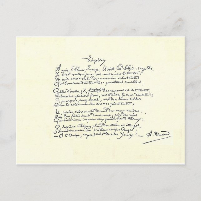 Cartão Postal Manuscrito autógrafo de Voyelles (Rimbaud) (Frente)