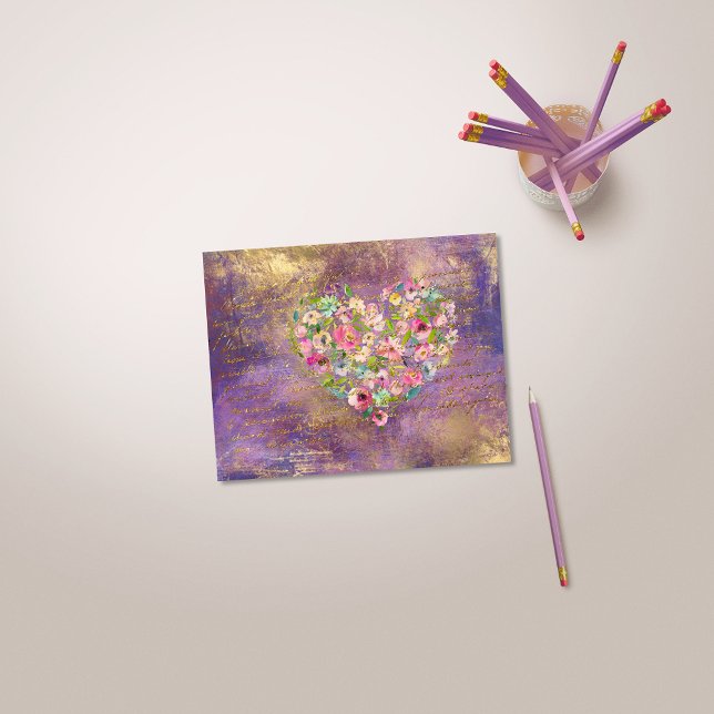 Cartão Postal Manuscrito Dourado de Coração Floral (Criador carregado)
