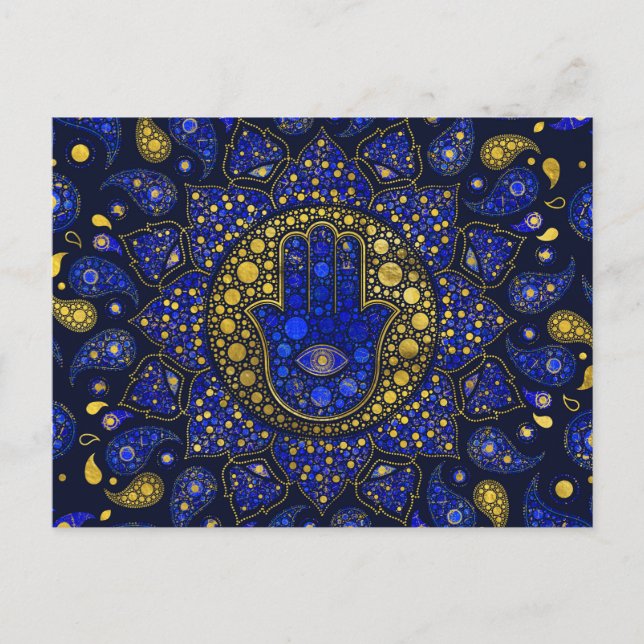 Cartão Postal Mão de Hamsa - Mão de Fátima Dot Art Lapis Lazuli (Frente)