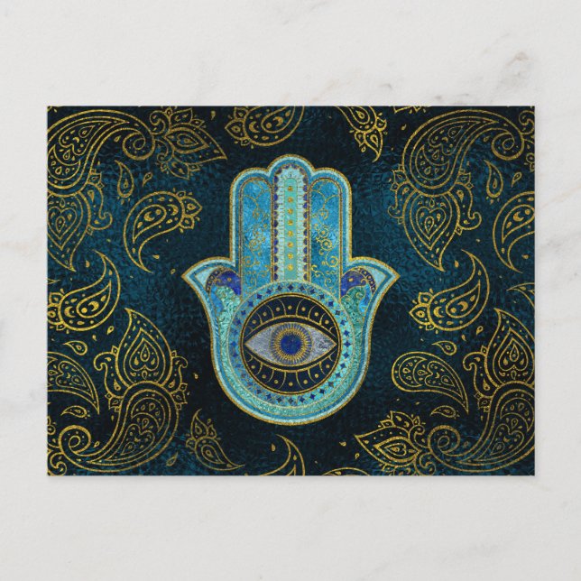 Cartão Postal Mão Decorativa de Hamsa com fundo paisley (Frente)