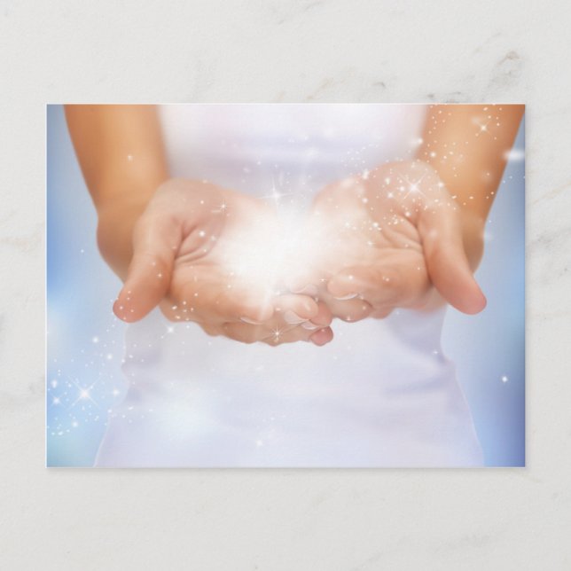 Cartão Postal Mãos de energia da chama branca cicatrizando amor (Frente)