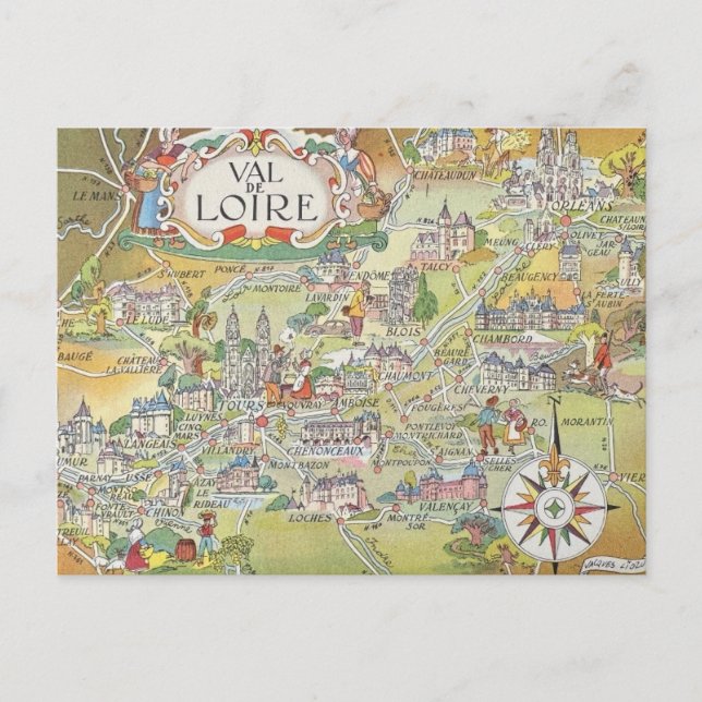 Cartão Postal Map of the Loire Valley of France Postcard (Frente)