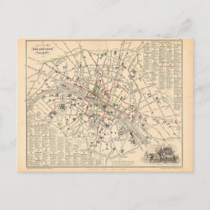 Cartão Postal Mapa 1858: Itineraire des Omnibus dans Paris Franç