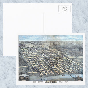 Cartão Postal Mapa Aéreo Antigo da Cidade de Austin, Texas, 1873