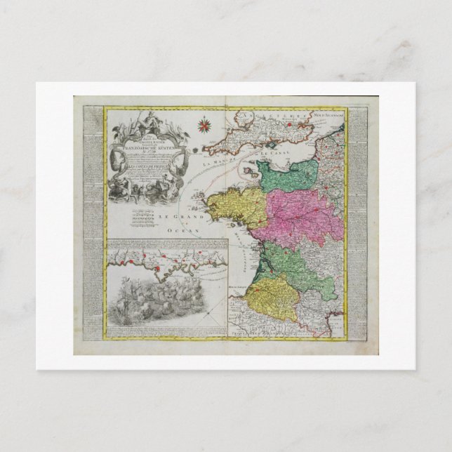 Cartão Postal Mapa alemão mostrando ataques navais ingleses em f (Frente)