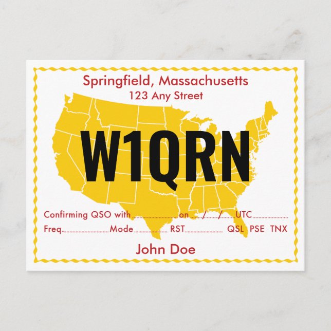 Cartão Postal Mapa Amarelo de Placa QSL Retroativo EUA (Frente)