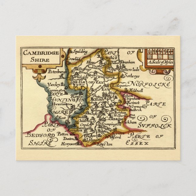 Cartão Postal Mapa Antigo Condado de Cambridgeshire Inglaterra (Frente)