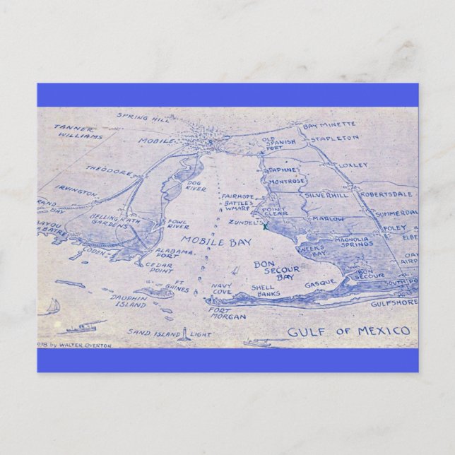 Cartão Postal Mapa Antigo da Baía de Mobile (Frente)