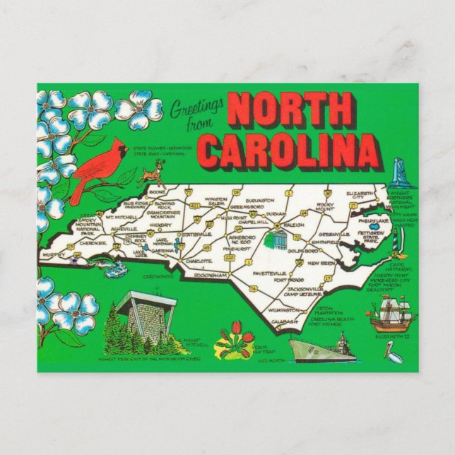 Cartão Postal Mapa Antigo da Carolina do Norte (Frente)
