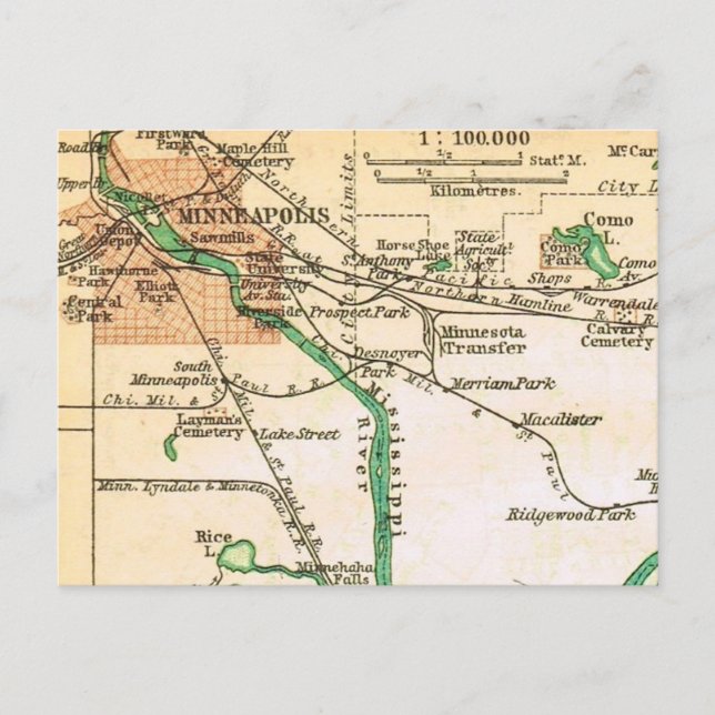 Cartão Postal Mapa Antigo da Cidade de Minneapolis (Frente)