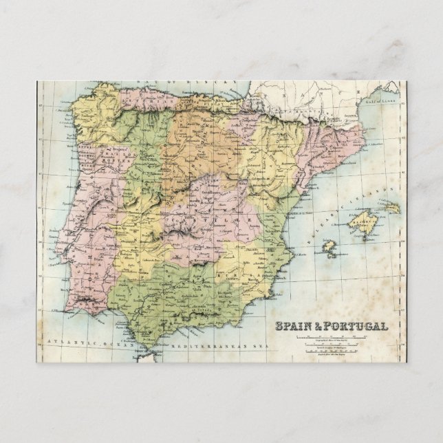 Cartão Postal Mapa antigo da Espanha e de Portugal (Frente)