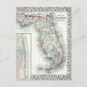 Cartão Postal Mapa antigo da Florida & Mobile, Alabama