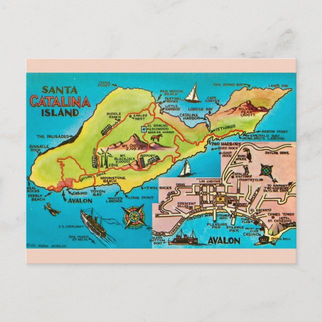 Cartão Postal Mapa Antigo da Ilha Santa Catalina (Frente)