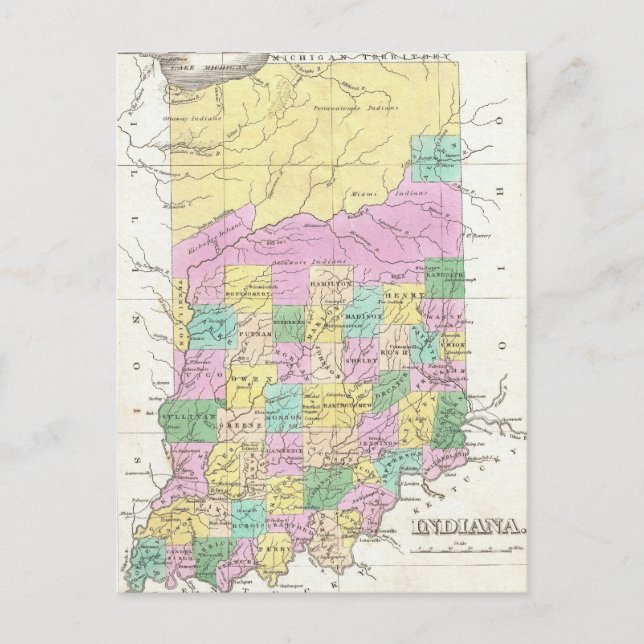 Cartão Postal Mapa Antigo da Indiana (1827) (Frente)