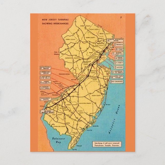 Cartão Postal Mapa Antigo da New Jersey Turnpike (Frente)