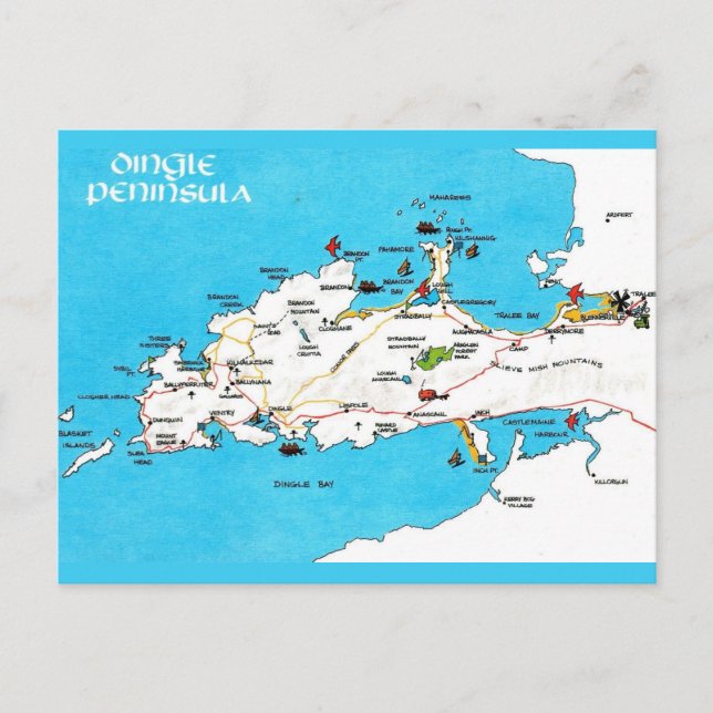 Cartão Postal Mapa Antigo da Península de Dingle na Irlanda (Frente)