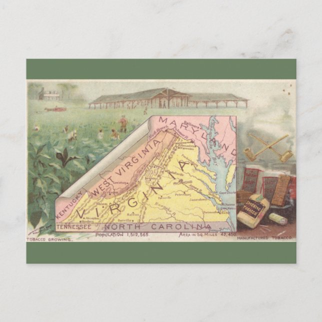 Cartão Postal Mapa Antigo da Virgínia (Frente)