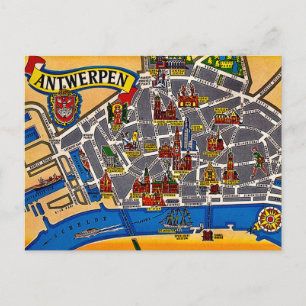 Cartão Postal Mapa Antigo das Ruas de Antuérpia