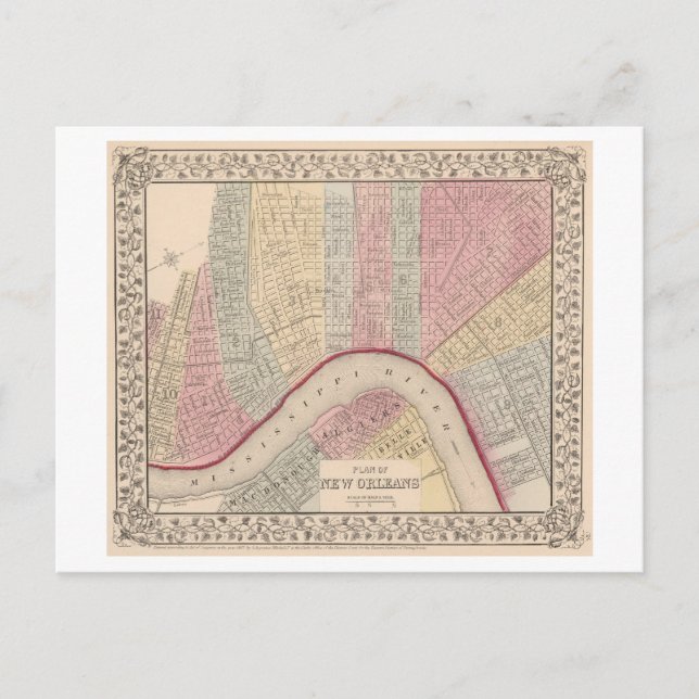 Cartão Postal Mapa Antigo de 1868 de Nova Orleans (Frente)