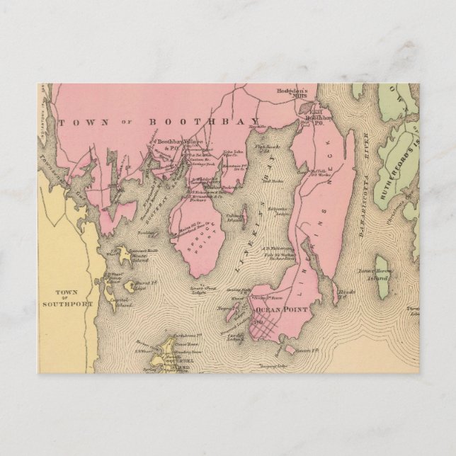 Cartão Postal Mapa Antigo de Boothbay Maine (1894) (Frente)