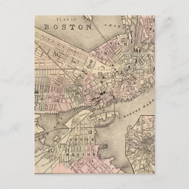 Cartão Postal Mapa Antigo de Boston (1880) (Frente)