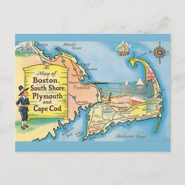 Cartão Postal Mapa Antigo de Cape Cod (Frente)
