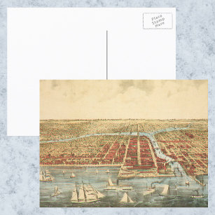 Cartão Postal Mapa antigo de Chicago, LaSalle Street e River