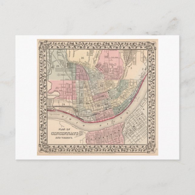 Cartão Postal Mapa antigo de Cincinnati 1868 (Frente)