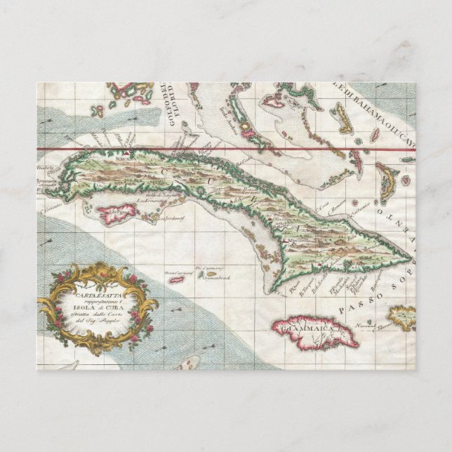 Cartão Postal Mapa Antigo de Cuba e Jamaica (1763) (Frente)