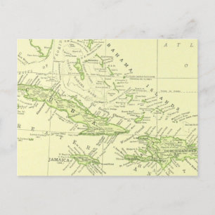 Cartão Postal Mapa Antigo de Cuba, Ilhas do Caribe & Bahamas
