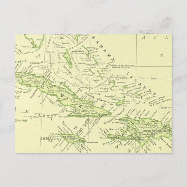 Cartão Postal Mapa Antigo de Cuba, Ilhas do Caribe & Bahamas (Frente)