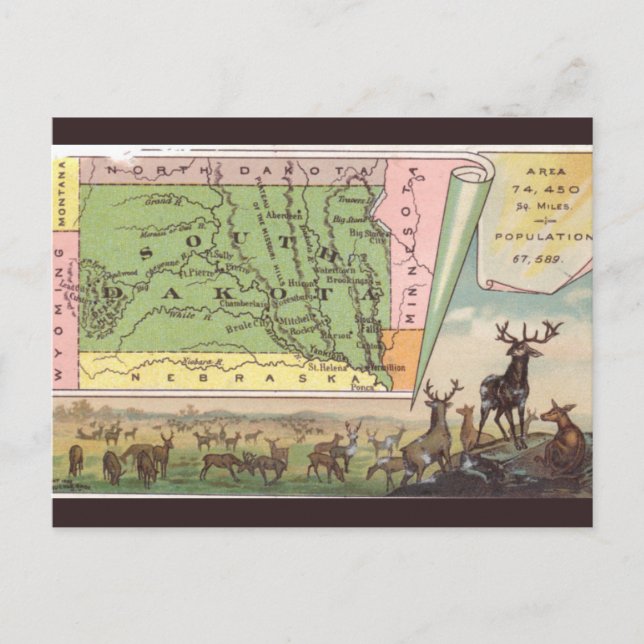 Cartão Postal Mapa Antigo de Dakota do Sul (Frente)